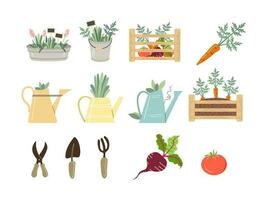 jardinería herramientas y elementos. linda jardinería equipo - pala, horca, jardín tijeras, plantas, riego latas, césped, verduras, de madera jardín caja, zanahoria, tomate, remolacha. jardinería plano vector colocar.