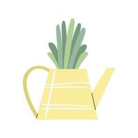 Green garden plants  inside the watering can. Vector flat illustration. Cute drawing.