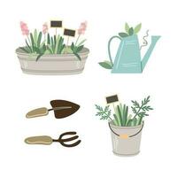 Garden tools and accessories. Collection. Bucket, tin pot, plants, shovel, pitchfork, watering can, wooden signs. Vector illustrations  isolated on white background. Gardening flat vector set.