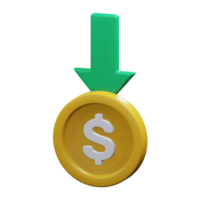 oro moneda con flecha en llegó abajo para dinero ingresos ingresos financiero concepto 3d hacer icono ilustración diseño png