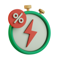 stop watch with lightning bolt clockwise hour hand and percent badge for online shop flash sale promo marketing 3d icon illustration design png
