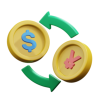 Gold Münze mit anders Währung und Wende Über Pfeil zum Geld Austausch finanziell Strategie Konzept 3d machen Symbol Illustration Design png