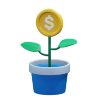 gold coin plant growing in pot for business funding investment 3d render icon illustration design png