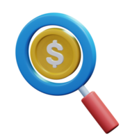 magnifying glass on gold coin for Investigating find profitable financial strategy 3d render icon illustration design png