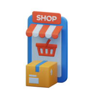 package order box in front of ecommerce mobile app store ready to pick up by delivery service 3d rendered icon illustration design png