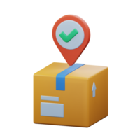 pacote cartão caixa com PIN mapa localização Verifica ponto símbolo para sucesso ordem entregue para destino 3d rendido ícone ilustração Projeto png