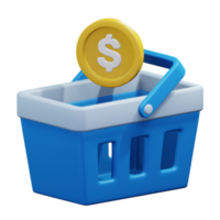 gold coin inside shopping basket for stock market financial situation 3d render icon illustration design png