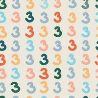 Seamless colorful numbers three pattern. Abstract background with hand drawn doodle shapes. vector