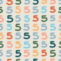 Seamless colorful numbers five pattern. Abstract background with hand drawn doodle shapes. vector