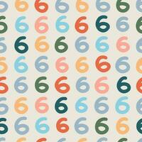 Seamless colorful numbers six pattern. Abstract background with hand drawn doodle shapes. vector