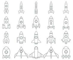 Illustration of various spaceships and rocket, line art style and silhouettes vector