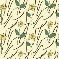 Vanilla Seamless repeating pattern with fragrant spice bouquet of vanilla plant. Illustration of a floral background. Hand drawn. Design element for textile, label backdrop for food, cosmetics.Vector vector