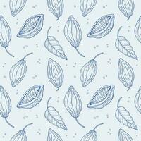 Cocoa plant seamless pattern. Hand drawn illustration of cocoa beans, leaves, cocoa tree. Design element floral motif repeating background. Ornament for fabric, paper, card, wrapping. Vector