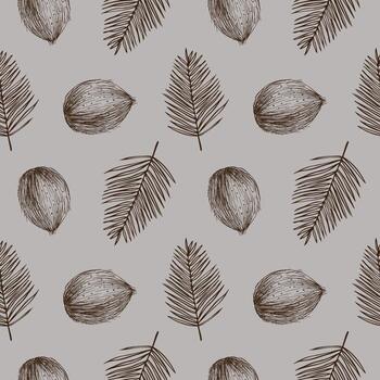 sin costura modelo con cocos y palma hojas mano dibujado vector ilustración. repitiendo antecedentes con Fruta y tropical planta naturaleza motivo. decorativo ornamento en boho estilo diseño elemento