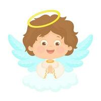 Cute baby angel turns to God, his hands folded in prayer. religious children's character vector