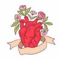 Anatomy vintage illustration. Floral anatomical heart. vector