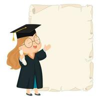 Girl on graduation day holding diploma. Graduate girl in mantle. vector