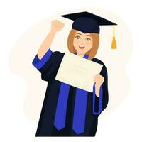 Girl on graduation day holding diploma. Graduate girl in mantle. vector