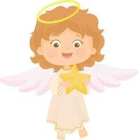 linda bebé ángel vueltas a dios, su manos doblada en oración. religioso para niños personaje vector