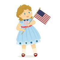 Independence day, cute little girl waving USA flag. Independence day USA. vector