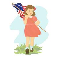 Independence day, cute little girl waving USA flag. Independence day USA. vector