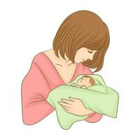 Mother Holding Baby Son In Arms. vector