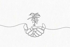 Continuous line drawing. Hands palms together with growing plant line art vector