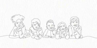 Continuous line drawing of a group of happy children lying by each other vector