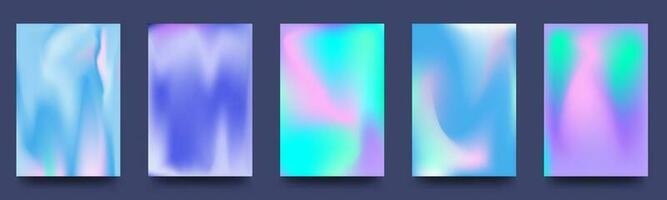 Set of abstract holographic minimal vector backgrounds. Poster collection with neon fluid, bright blurs. Vector