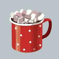 A cup of hot chocolate with marshmallows, red color with an ornament in the form of snowflakes. Winter dessert drink. Christmas card design element. Vector illustration