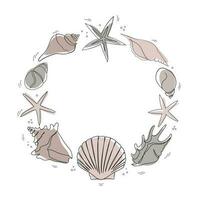 Seashells frame in doodle style. One line drawing of a shell. Hand drawn marine illustrations of seashells. Summer tropical ocean beach style. vector