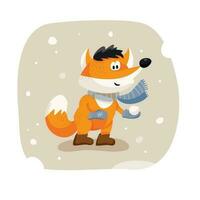 A cute full-length fox in a winter scarf and boots holding a snowball in his paws. Vector funny animal isolated on white background