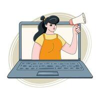 A young woman from a laptop talking into a megaphone. Newsletter or advertisement concept. vector