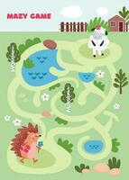 Children's game labyrinth. Help the hedgehog get to the sheep and give her a gift. Maze game for kid's vector