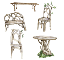 trä- tabell, bänk och stol för fe. vattenfärg hand dragen illustration . png