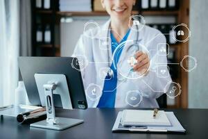 health care business graph data and growth, Medical examination and doctor analyzing medical report network connection on tablet screen. photo