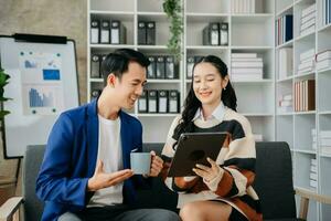 Portrait of success business people working together in home office. Couple teamwork startup concept photo