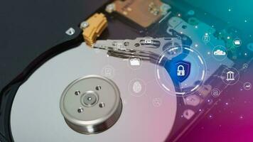 Hard disk drive and data protection icon. Data protection concept. Protect important information. photo