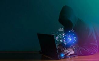 Hackers are stealing data from internet network using AI. Data protection concept, illegal use of AI photo