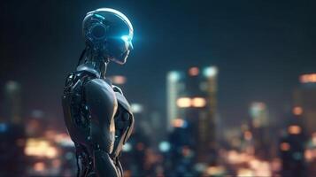 robot humanoide en frente de el ciudad a noche 3d representación generativo ai foto