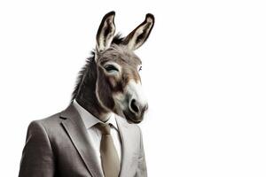 Portrait of a donkey in a businessman suit isolated on white background photo