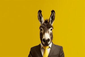 Donkey in a suit and tie on a yellow background. Business concept photo