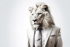 Lion in suit and tie. Isolated over white background. photo