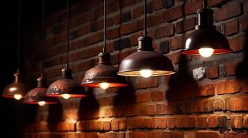 Vintage lamps hanging on brick wall, closeup. Interior design photo