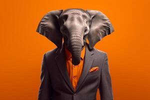 retrato de un elefante en un traje en un naranja antecedentes. generativo ai foto