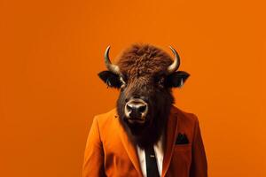 retrato de un bisonte en un chaqueta en un naranja antecedentes generativo ai foto