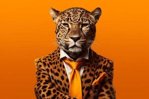 leopardo en un blanco traje y arco atar. estudio disparo. negocio y Moda concepto generativo ai foto