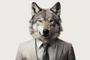 Portrait of a wolfdog in a suit on an orange background photo