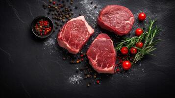 Raw beef steak with spices and herbs on black background, top view photo