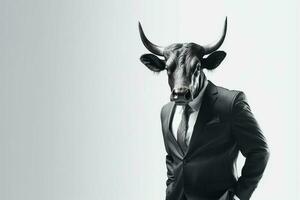 Businessman in a suit with a bull head on a white background ai photo